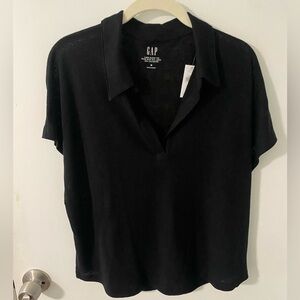 GAP Women's Linen Blend Collared V Neck T-Shirt in Black - NWT